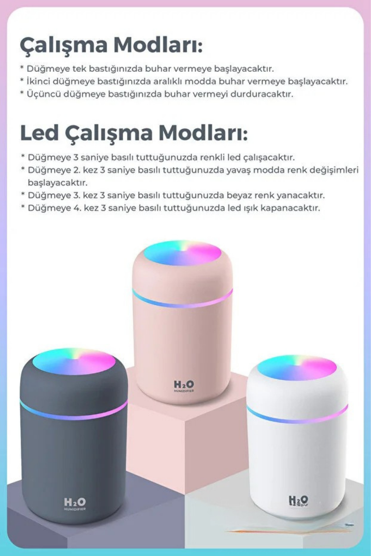 Mini LED Aroma Difüzörü ve Hava Nemlendirici – 300 ml USB Buhar Makinesi