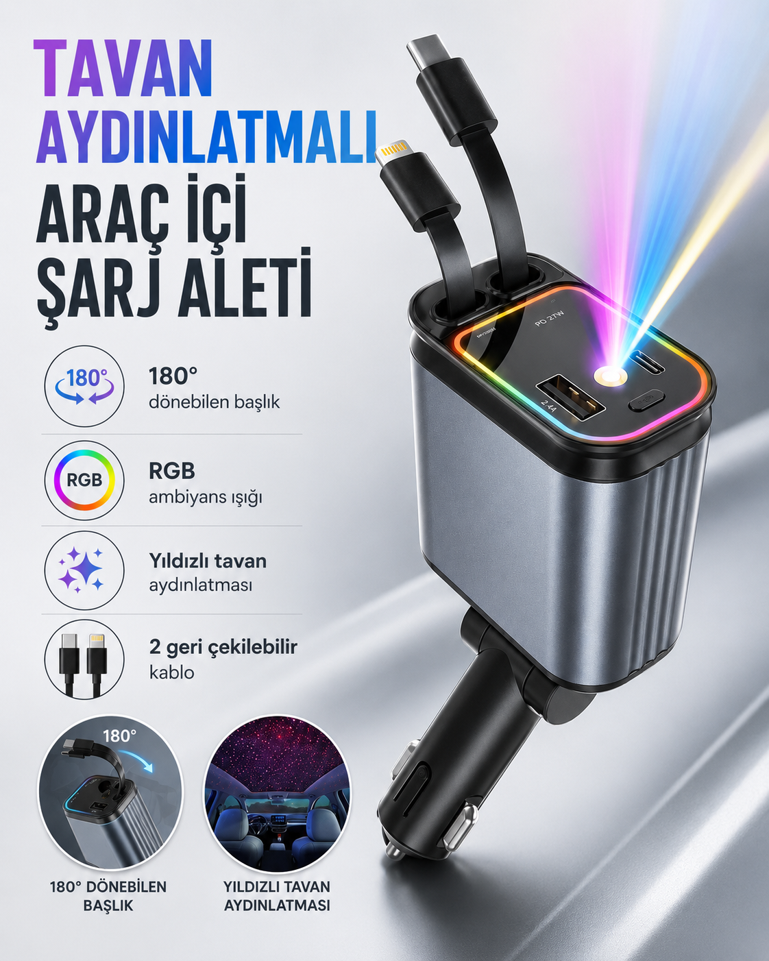 66W 4’ü 1 Arada Araç İçi Şarj Cihazı – Çift Geri Çekilebilir Kablo ve Tavan Aydınlatma