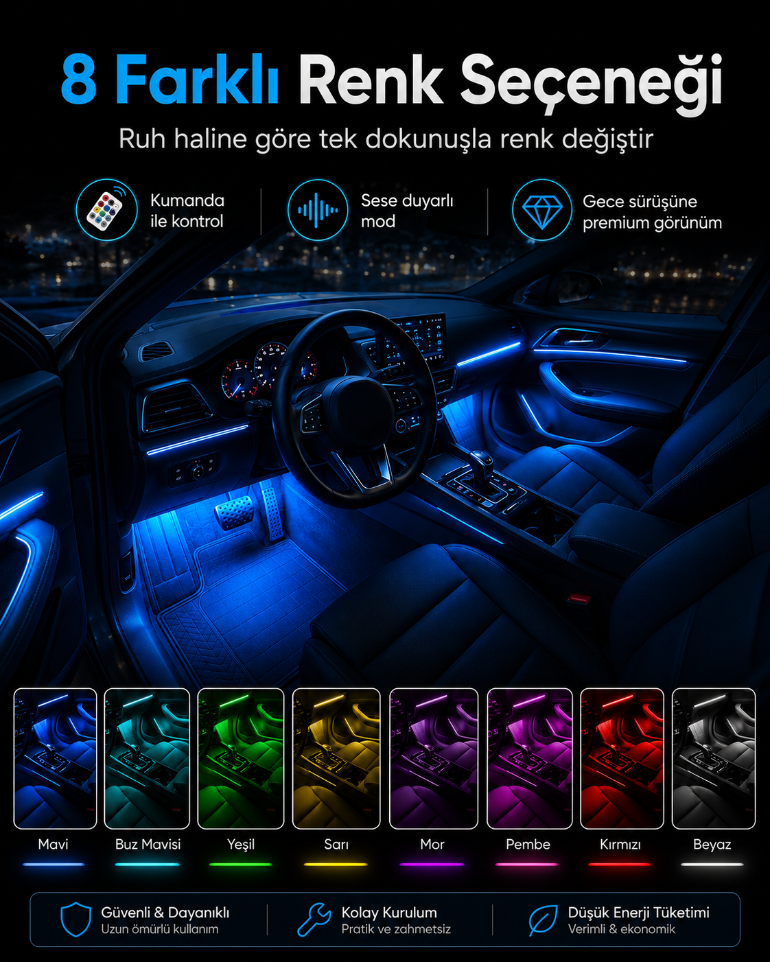 Ritme Duyarlı RGB Araç İçi Ayak Altı LED – 48 LED, 8 Renk, Kumandalı