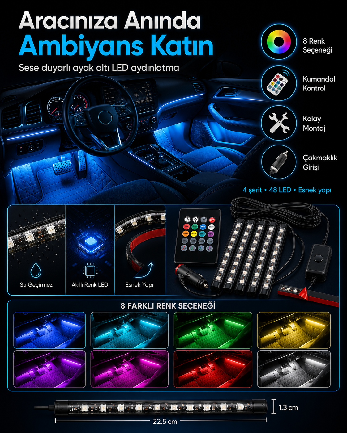 Ritme Duyarlı RGB Araç İçi Ayak Altı LED – 48 LED, 8 Renk, Kumandalı