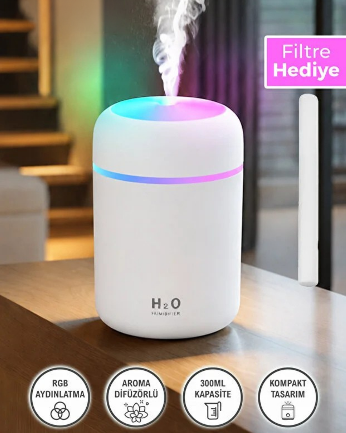 Mini LED Aroma Difüzörü ve Hava Nemlendirici – 300 ml USB Buhar Makinesi