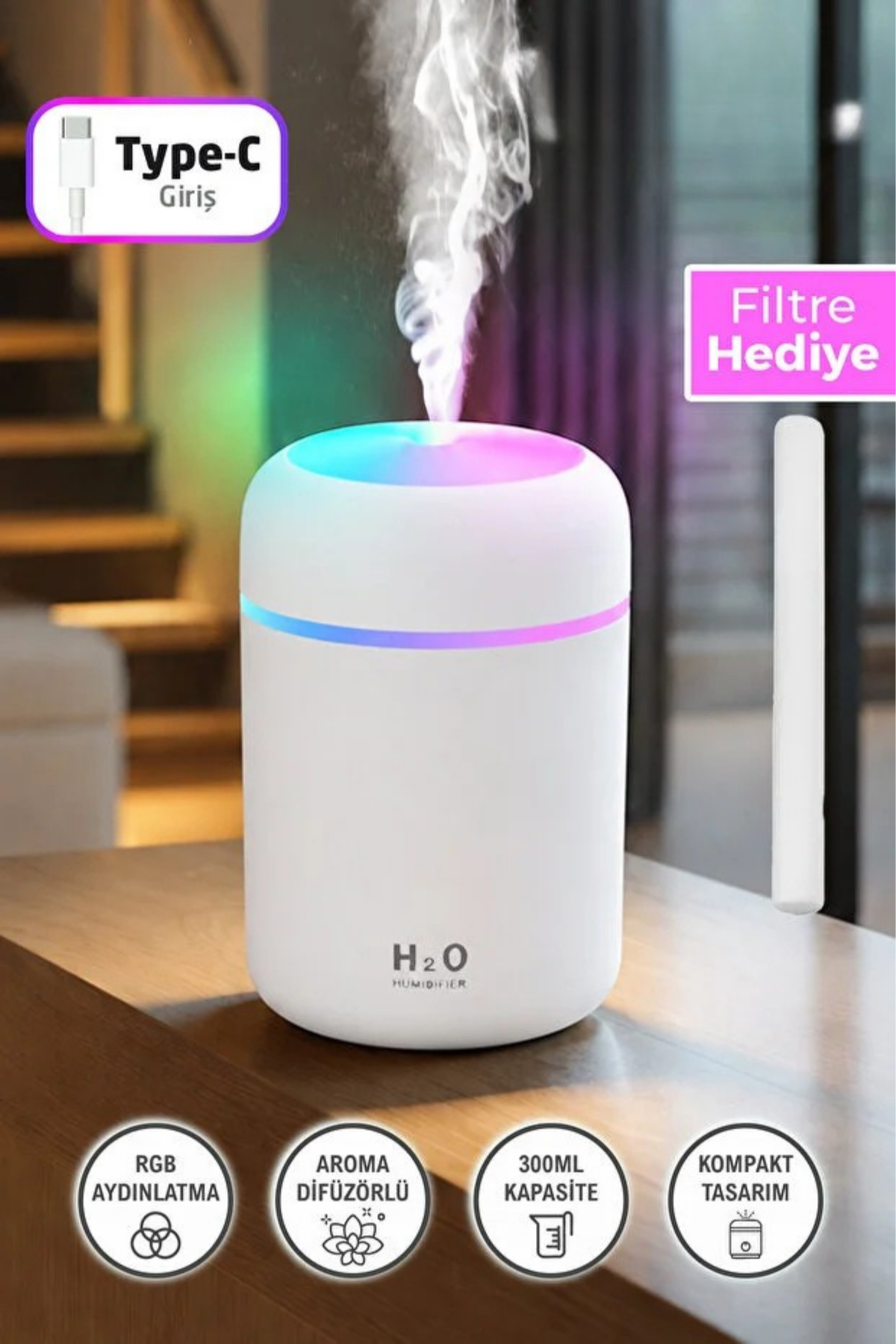 Mini LED Aroma Difüzörü ve Hava Nemlendirici – 300 ml USB Buhar Makinesi