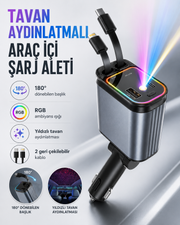 66W 4’ü 1 Arada Araç İçi Şarj Cihazı – Çift Geri Çekilebilir Kablo ve Tavan Aydınlatma