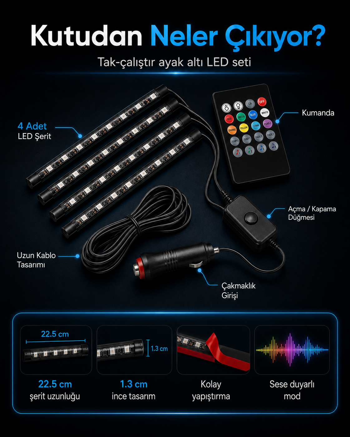 Ritme Duyarlı RGB Araç İçi Ayak Altı LED – 48 LED, 8 Renk, Kumandalı